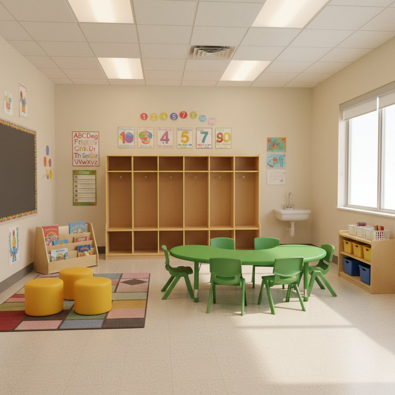 Bizchair-preschool-classroom-green-half-moon-table-yellow-soft-seating-wall-mounted-locker