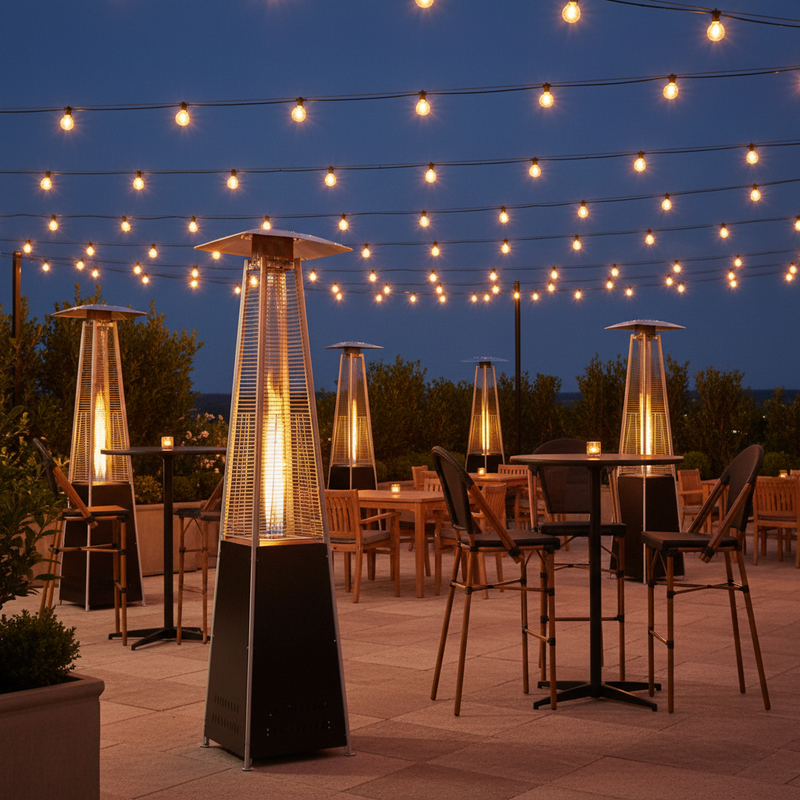 Pyramid Patio Heaters + Black Bistro Barstools + Cocktail Tables - Evening Wedding Patio 1:1
