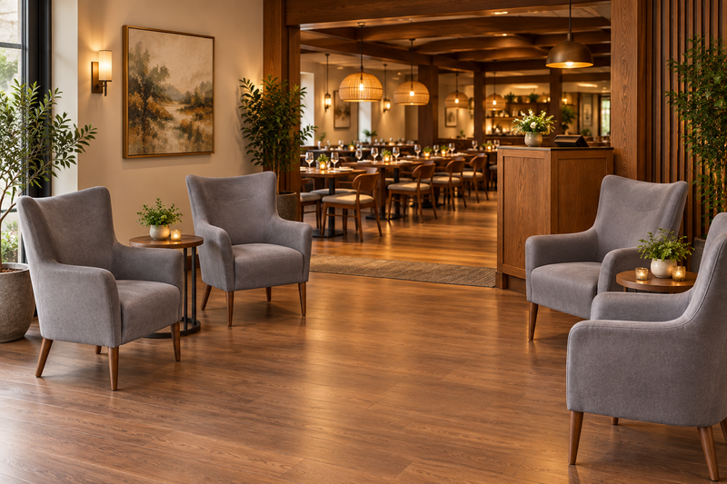 Bizchair-restaurant-waiting-area-with-reception-chairs-and-dining-room-beyond