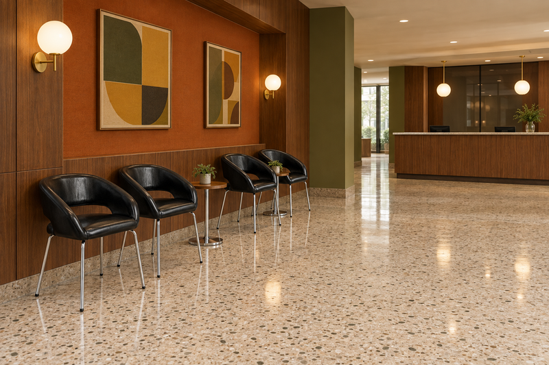 Bizchair-retro-hotel-reception-with-black-and-chrome-chairs-in-a-wall-side-waiting-alcove
