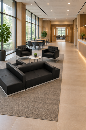 Revised conference hotel lobby with a defined lounge zone and clear main aisle