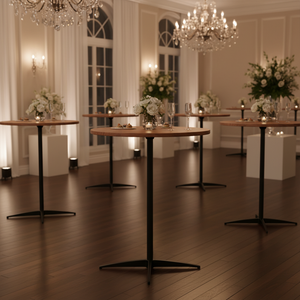 Bizchair-round-wood-cocktail-table-at-party
