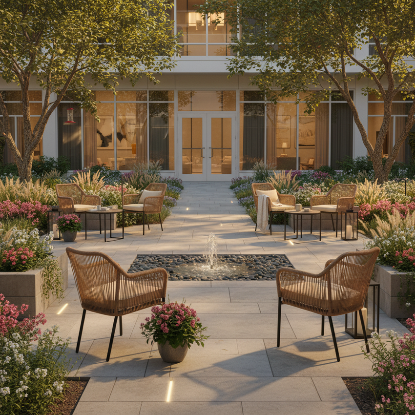 Senior Living Healing Garden Courtyard – Kallie Rope Club Chairs