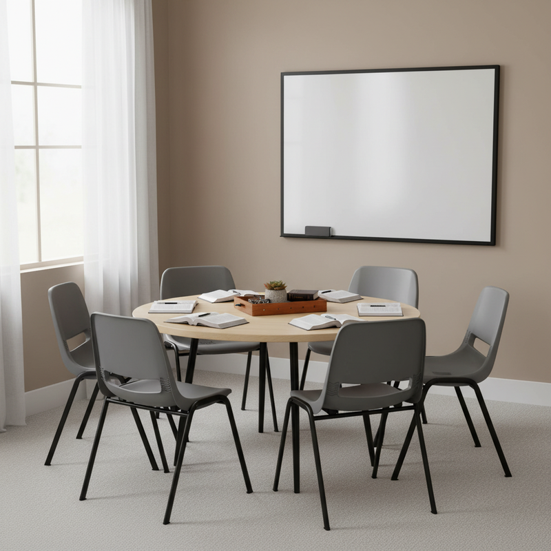Round table with chairs in a room with a large whiteboard on the wall.