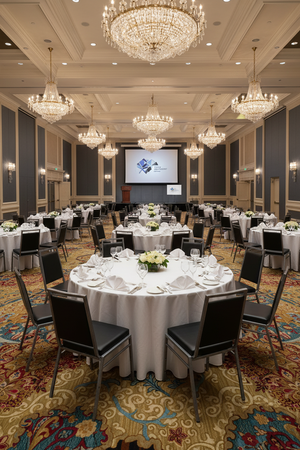 Square-Back Banquet Chairs — Hotel Ballroom Conference Setup 2:3 Vertical