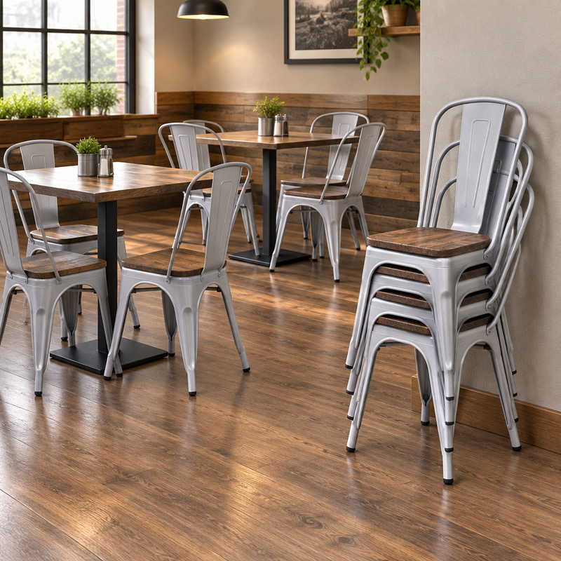 Bizchair-stackable-restaurant-chairs-in-use-and-nested-for-storage