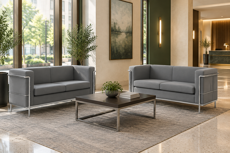 Bizchair-two-gray-commercial-loveseats-facing-one-another-across-a-coffee-table-in-a-hotel-lobby