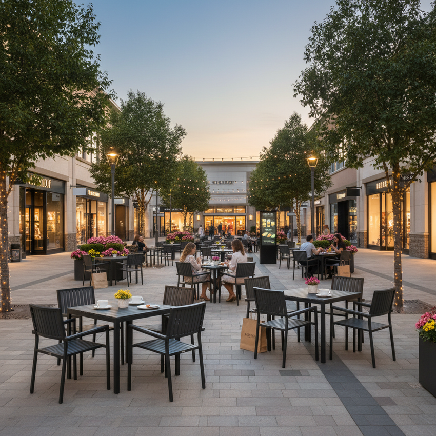 Upscale Outdoor Shopping Plaza – Early Evening
