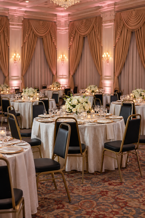 Vertical wedding reception image with HERCULES trapezoidal-back banquet chairs