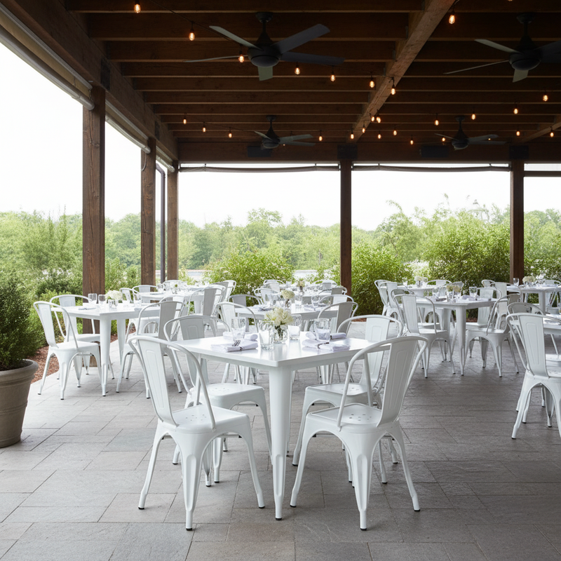 White Metal Square Table Set – Covered Restaurant Patio
